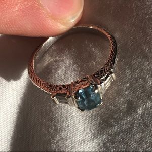 Aquamarine Filigree 14k White Gold Ring with Baguette Diamonds